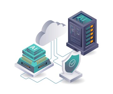Web security illustration with shield and cloud servers